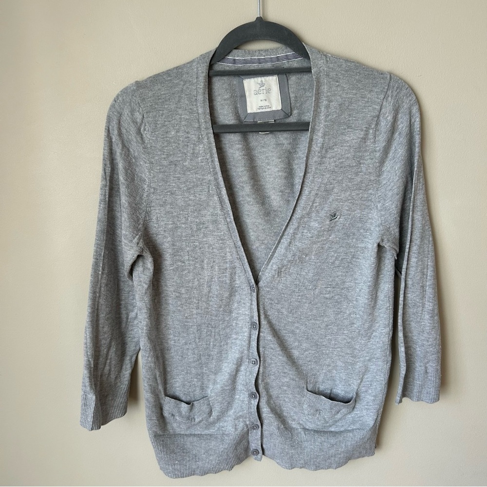 Aerie Gray Lightweight Button Front Knit Cardigan Sweater V-Neck Women’s Size XL